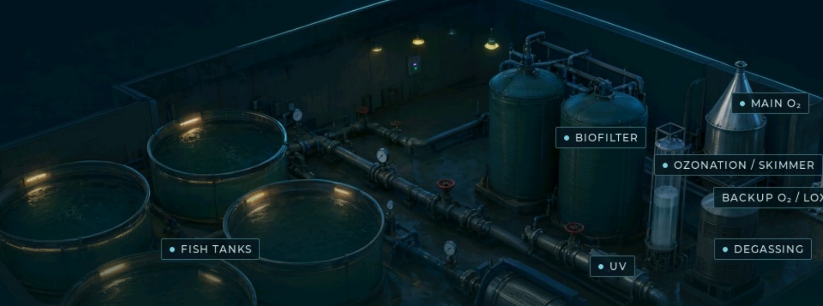 Recirculating aquaculture system with fish tanks, filtration, biofilter, UV and oxygenation equipment