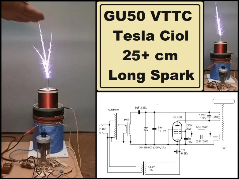 Simple GU50 VTTC Tesla Coil with MOT (25+cm Spark)