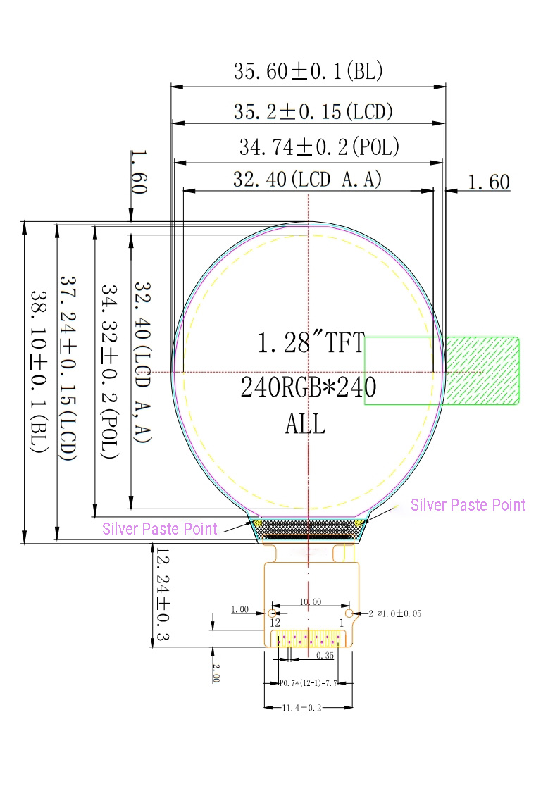 1.28 inch round LCD module dimension 
