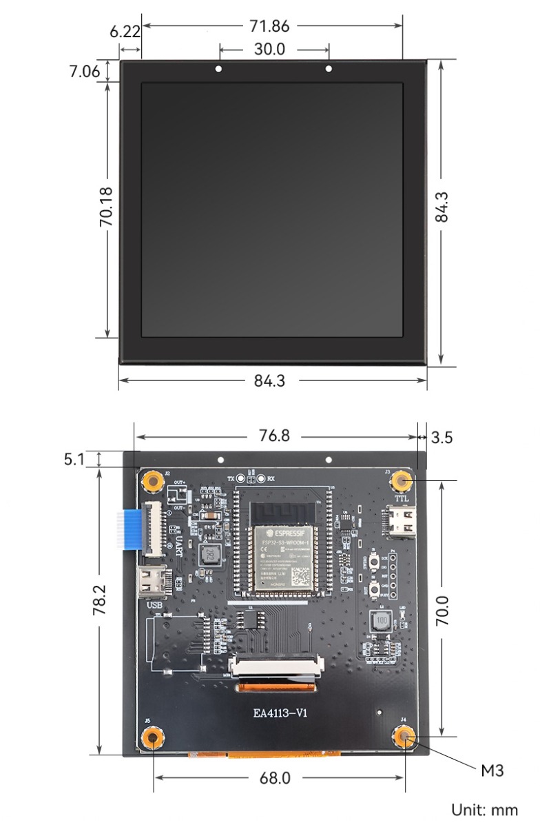 4 inch square ESP32 display front and back dimension